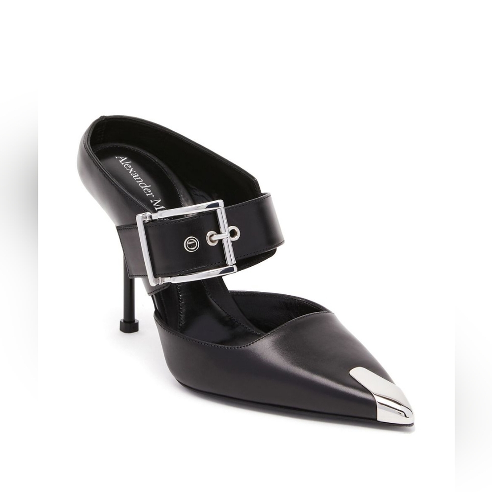 Alexander McQueen Punk Leather Buckle Point-Toe Mules Size 40